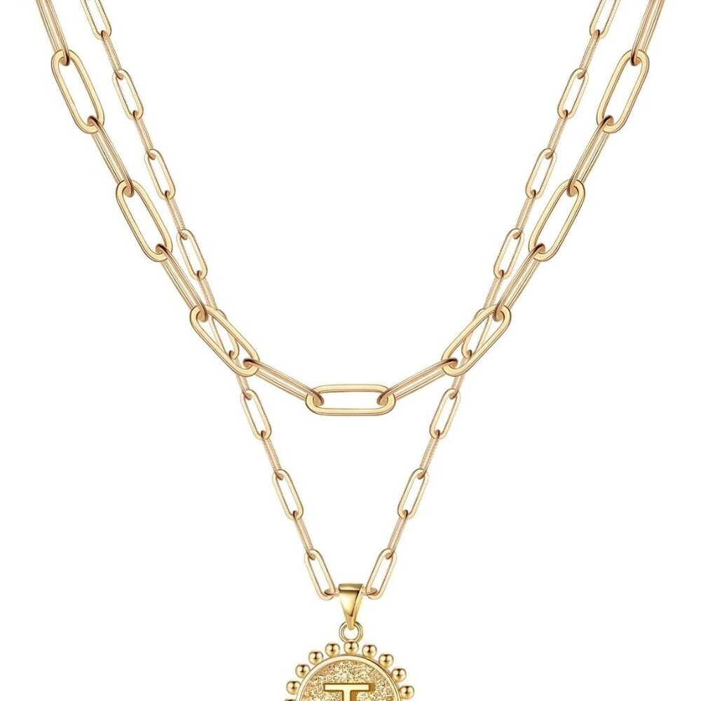 Gold Initial Necklaces for Women, 14K Gold Plated Dainty Layering Paperclip Link